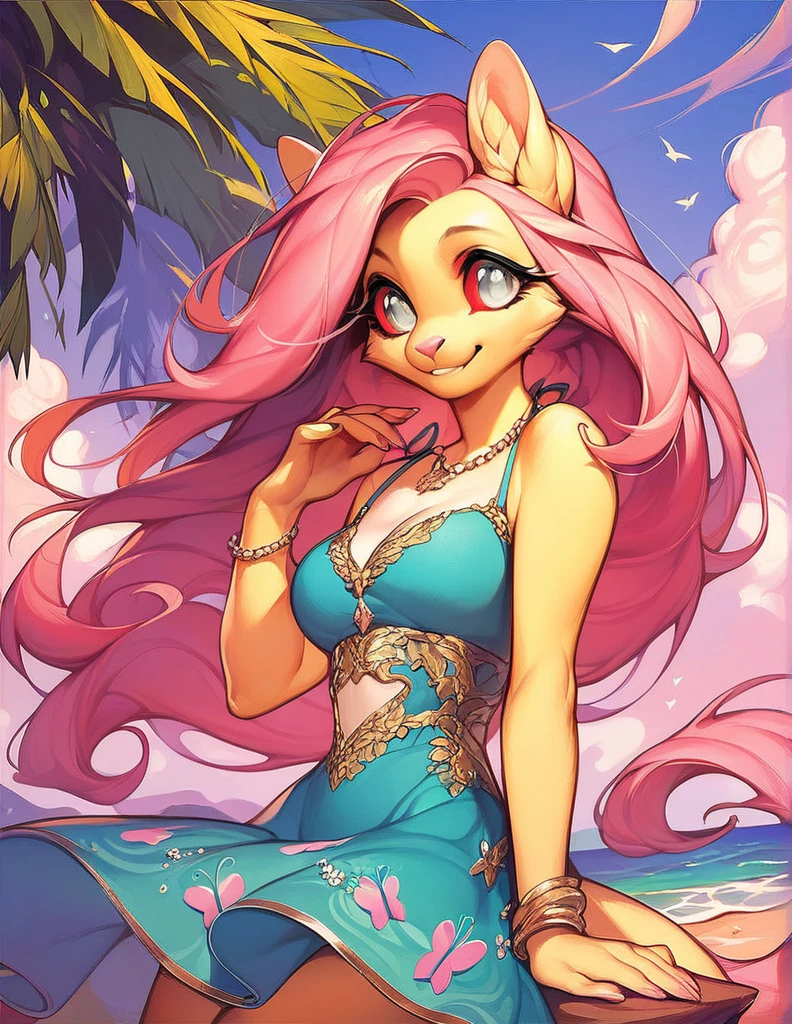 ((derpibooru_p_95)), fluttershy, solo, anthro,((best quality)), ((highly detailed)), masterpiece, (detailed eyes, deep eyes), (1girl), dynamic angle, cowboy shot, mlpfluttershy, pink hair, hair ornament, blue eyes, slight smile, yellow fur, anthro, mlp furry, nsfw, ecchi, medium breasts, squeezing chest, winking