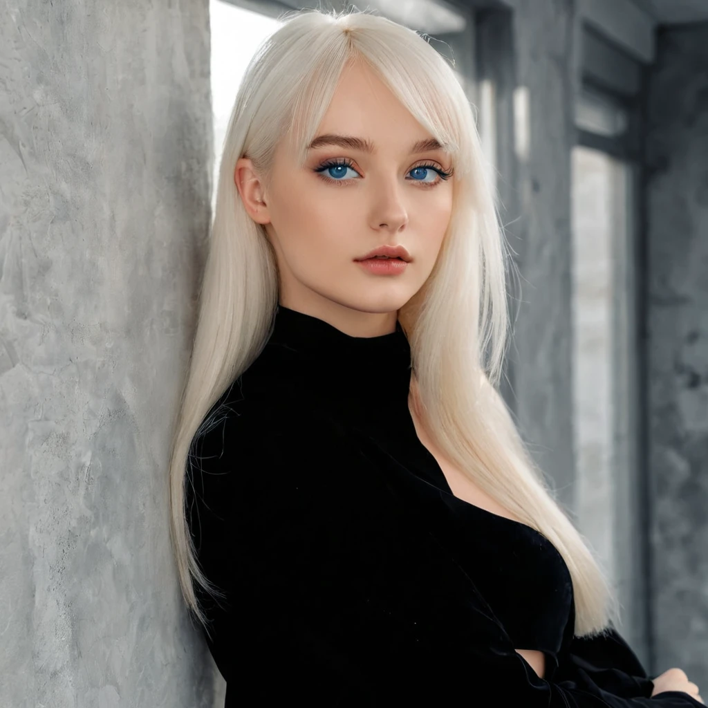 blonde woman with blue eyes leaning against a wall wearing a black dress, Perfect white hair girl, Anna Nikonova aka Newmilky, portrait of kim petras, Anastasia Ovchinnikova, girl with white hair, Yelena Belova, long white hair and bangs, Aleksandra Waliszewska, Alina Ivánchenko, Mia Kischner, Angelina Stroganova