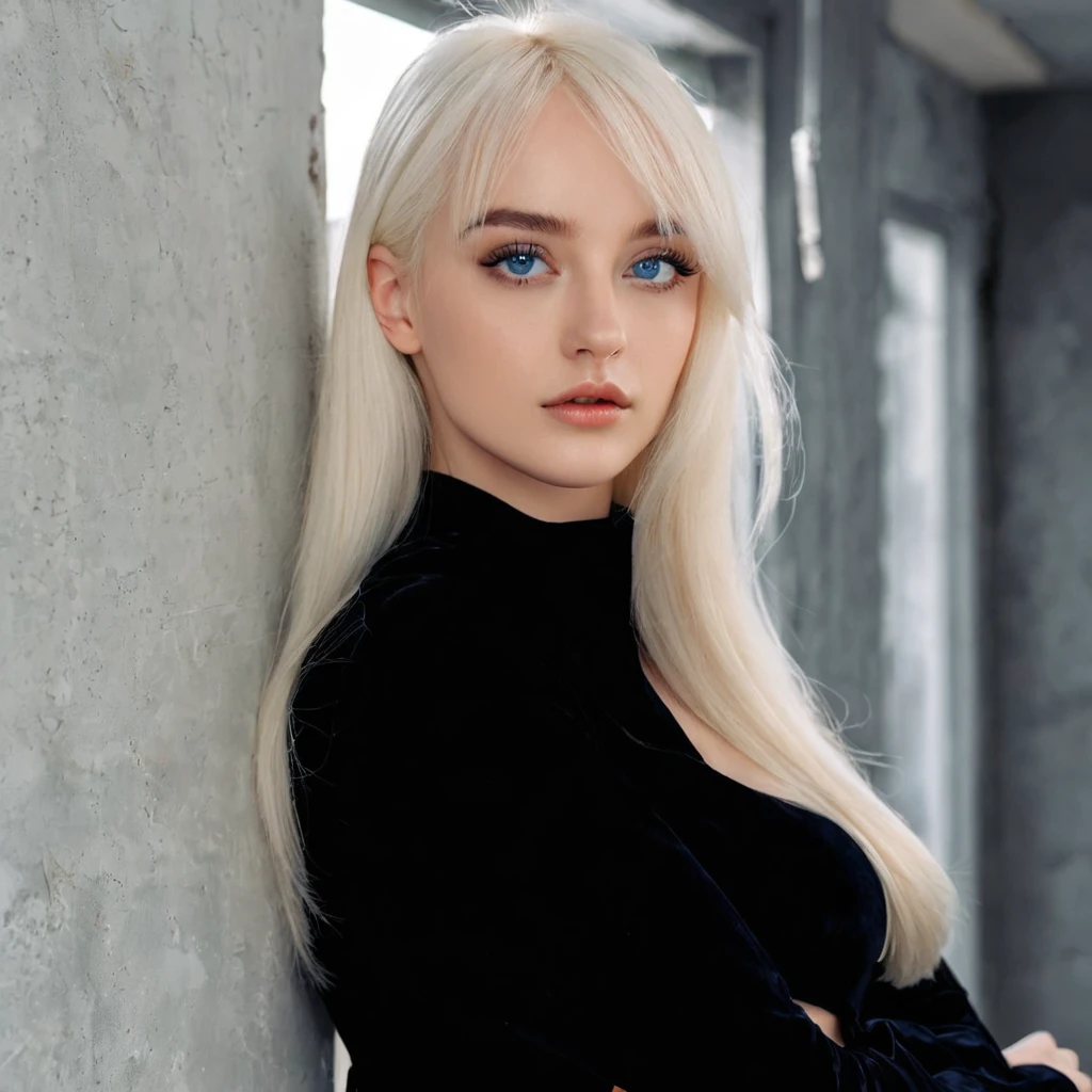 blonde woman with blue eyes leaning against a wall wearing a black dress, Perfect white hair girl, Anna Nikonova aka Newmilky, portrait of kim petras, Anastasia Ovchinnikova, girl with white hair, Yelena Belova, long white hair and bangs, Aleksandra Waliszewska, Alina Ivánchenko, Mia Kischner, Angelina Stroganova