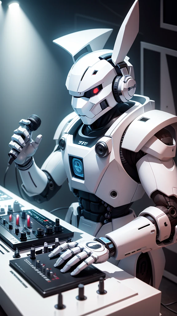robot rabbit, White color, humanoid, on a musical stage, masculine, playing a turntable with dj mixer,