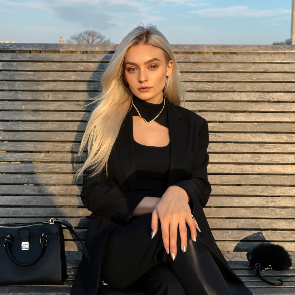 blonde woman sitting on a bench with a black purse and a black purse, black suit, Dressed all in black, wearing black clothes, sitting on a bench, Mia Kischner, inspired by Emma Andijewska, total black suit, sitting on the bench, sitting on a bench del parque, Aleksandra Waliszewska, dressed in black