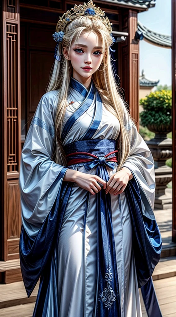 (masterpiece), high-definition Hanfu women, European and American face, perfect face, long blonde hair, blue eyes, very charming.