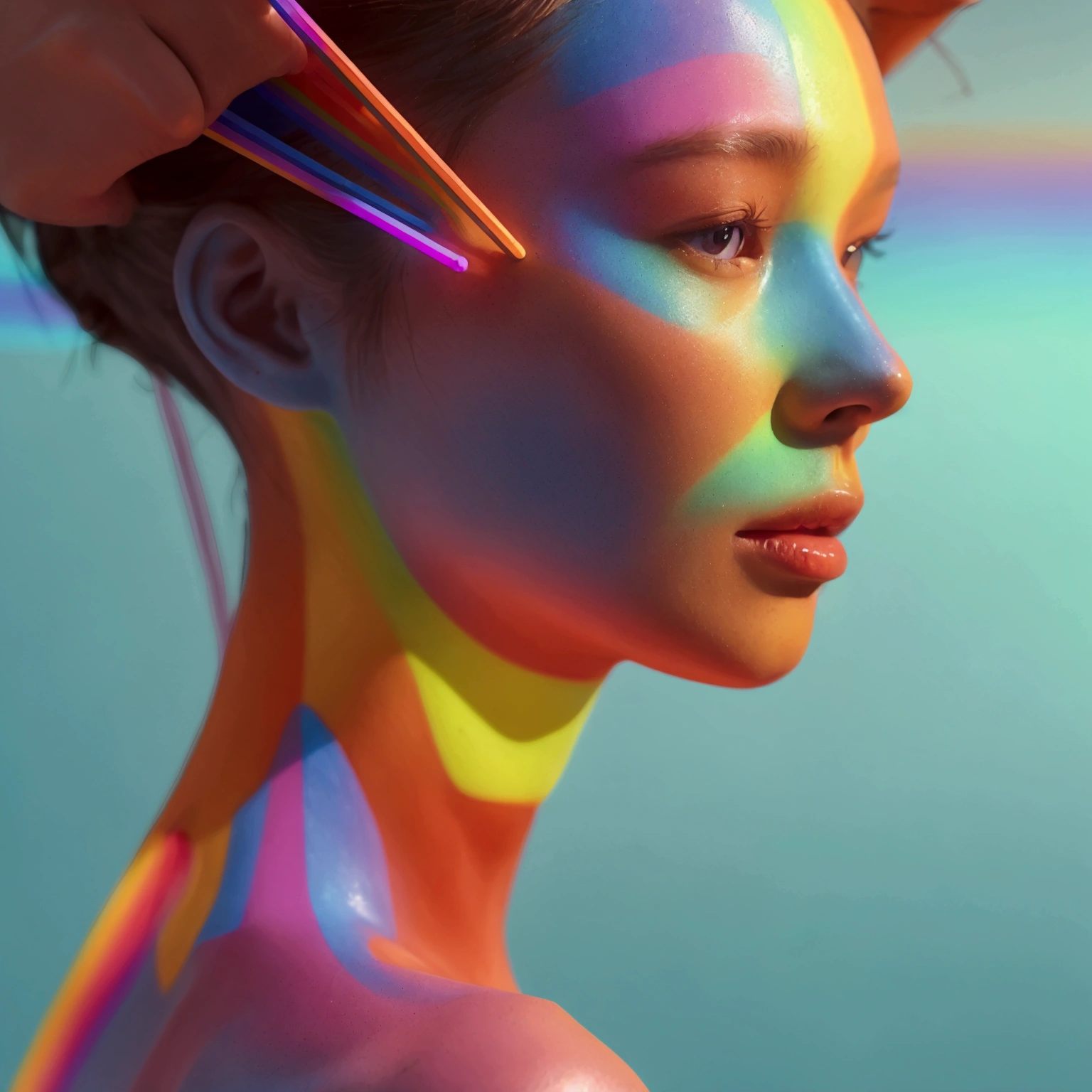 a closeup of a person with a rainbow colored stick in his hand, 3D neon art of a woman&#39;s body., stick figure, humanoid shape, abstract human body, inspired by Bruce Nauman, symmetrical body, symmetrical anatomy of the body, human shining, humanoid figure, human form, symmetrical full body representation, Human figure, elongated figure
