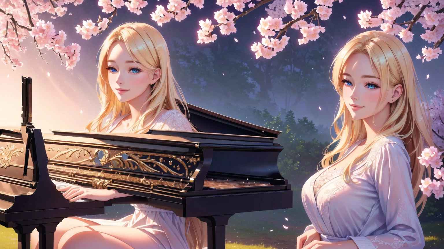 a beautiful blonde girl smiling, with stunning blue eyes, playing a grand piano under a blooming cherry blossom tree, masterpiece, (best quality,4k,8k,highres,masterpiece:1.2),ultra-detailed,(realistic,photorealistic,photo-realistic:1.37),intricate details,exquisite textures,soft lighting,warm color palette,cinematic composition,dramatic lighting,dramatic pose,elegant,graceful,serene,peaceful,calming,fantasy,digital painting,oil painting,photorealistic,highly detailed