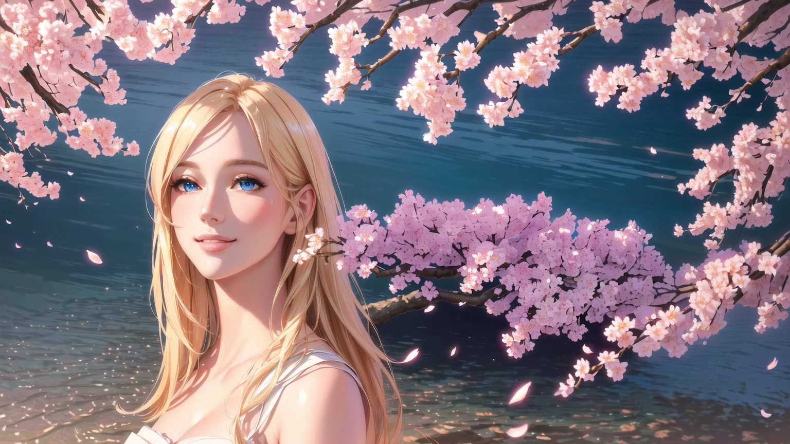 a beautiful blonde girl smiling, with stunning blue eyes, playing a grand piano under a blooming cherry blossom tree, masterpiece, (best quality,4k,8k,highres,masterpiece:1.2),ultra-detailed,(realistic,photorealistic,photo-realistic:1.37),intricate details,exquisite textures,soft lighting,warm color palette,cinematic composition,dramatic lighting,dramatic pose,elegant,graceful,serene,peaceful,calming,fantasy,digital painting,oil painting,photorealistic,highly detailed