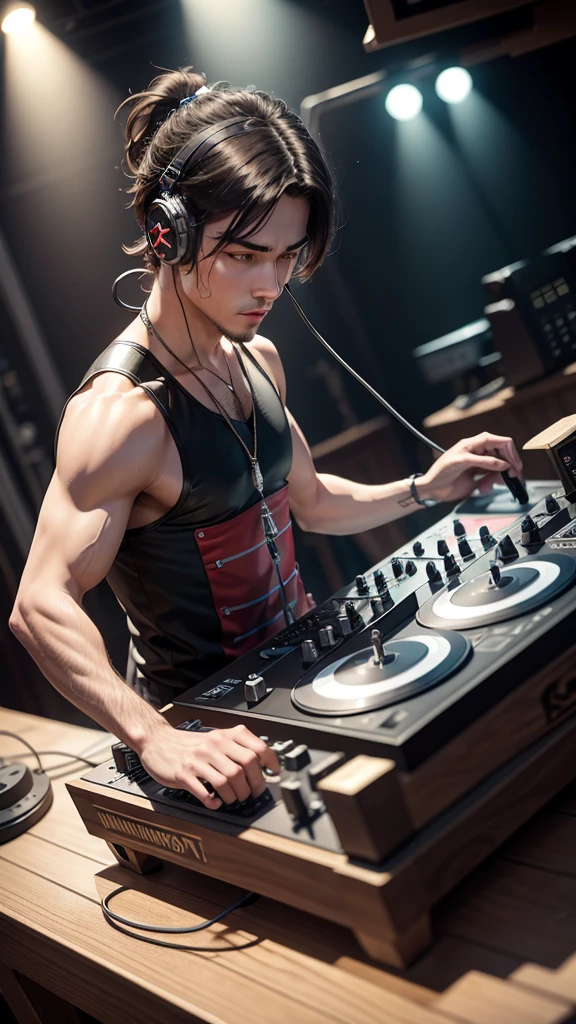 on a musical stage, masculine, a turntable with dj mixer,