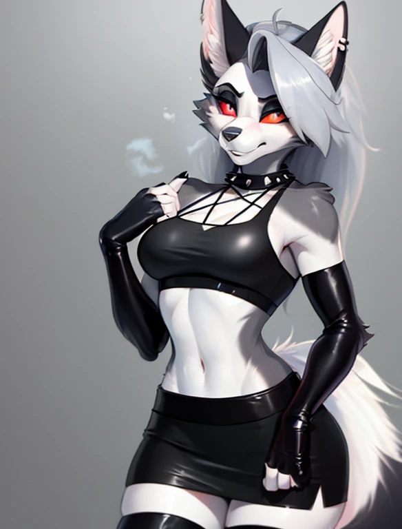 (furry Art, Uploaded On E621:1.4), Masterpiece, (best Quality:1.2), Simple Background, Detailed Image, Colorful, Vibrant Colors, Detailed Face, Perfect Lighting, Perfect Shadows, Perfect Eyes, Girl Focus, Perfect Hair, Blue Eyes, Perfect Face, Medium Breasts, Gorgeous Body, Hourglass Body, Shiny Body, 1girl, Solo, Center Focus, loona helluva boss, Fox Ears, Tattoo, Fox Tail, Facial Mark, wolf  Girl, Claws, Furry, Colored Sclera, Furry Female, Black Sclera, Body Fur, White Fur, Yin Yang, Animal Nose, Long Snout, Two-tone Fur, Digimon (creature), Yellow Fur, Upper Body, Cropped Torso, Steaming Body, (one Tail:1.8) (((seductive, Leather Skirt, Leather Sports Bra, Bare Shoulder, Bridal Gauntlets, Sleeves)))