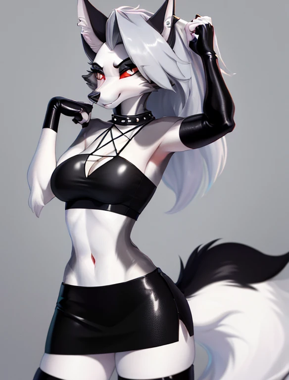 (furry Art, Uploaded On E621:1.4), Masterpiece, (best Quality:1.2), Simple Background, Detailed Image, Colorful, Vibrant Colors, Detailed Face, Perfect Lighting, Perfect Shadows, Perfect Eyes, Girl Focus, Perfect Hair, Blue Eyes, Perfect Face, Medium Breasts, Gorgeous Body, Hourglass Body, Shiny Body, 1girl, Solo, Center Focus, loona helluva boss, Fox Ears, Tattoo, Fox Tail, Facial Mark, wolf Girl, Claws, Furry, Colored Sclera, Furry Female, Black Sclera, Body Fur, White Fur, Yin Yang, Animal Nose, Long Snout, Two-tone Fur, Digimon (creature), Yellow Fur, Upper Body, Cropped Torso, Steaming Body, (one Tail:1.8) (((seductive, Leather Skirt, Leather Sports Bra, Bare Shoulder, Bridal Gauntlets, Sleeves)))