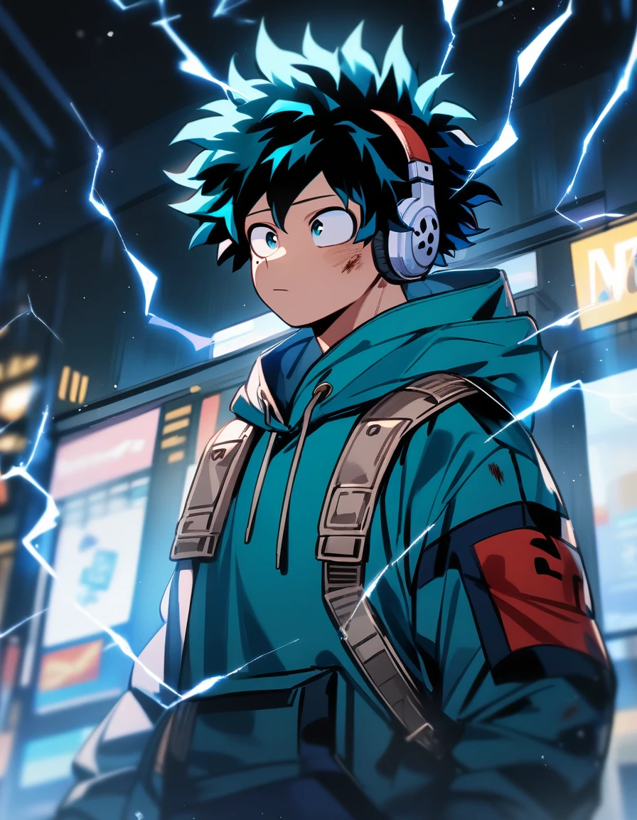 One boy, Male Focus, midoriya izuku, boku no hero academia, Injury, electricity,, masterpiece, Highest quality, so beautiful, Absurd、Blue Hair、Long Hair、hoodie、headphone