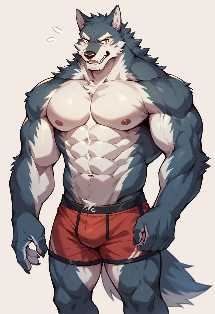 Furry giant wolf with boxer shorts over the magnificent volume full of muscles all over his body