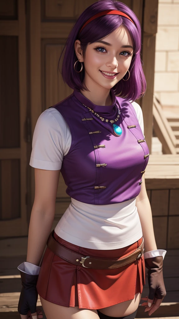 1 girl,(solo),(high-level image quality),(hight quality),(hight resolution),(detailed),(masterpiece),(artwork:1.2),(cowboy shot:1.4), (realistic), looking at viewer, Detailed eyes, perfect face, perfect eyes, Detailed face,Athena_Asamiya,short purple hair,high headband,purple eyes,white t-shirt,red vest,skirt, earrings, necklace, thigh high socks, fingerless gloves,smile,