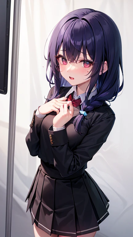 top-quality masterpiece 8K Masterpiece One woman in school uniform Upper body photo kawaii pose Photo from the chest up Focus on the face Kamimei Close-range photography The majority of users on the screen profetional lighting Cute miniskirt flutters Vibrant photo red blush Shyness perspiring agitation Happy expression Sullen expression Ecstatic look Sex appeal The neat and clean heroine of a dating simulation game shiny dark blue hair Gloss Bruises and cuteness Buriko