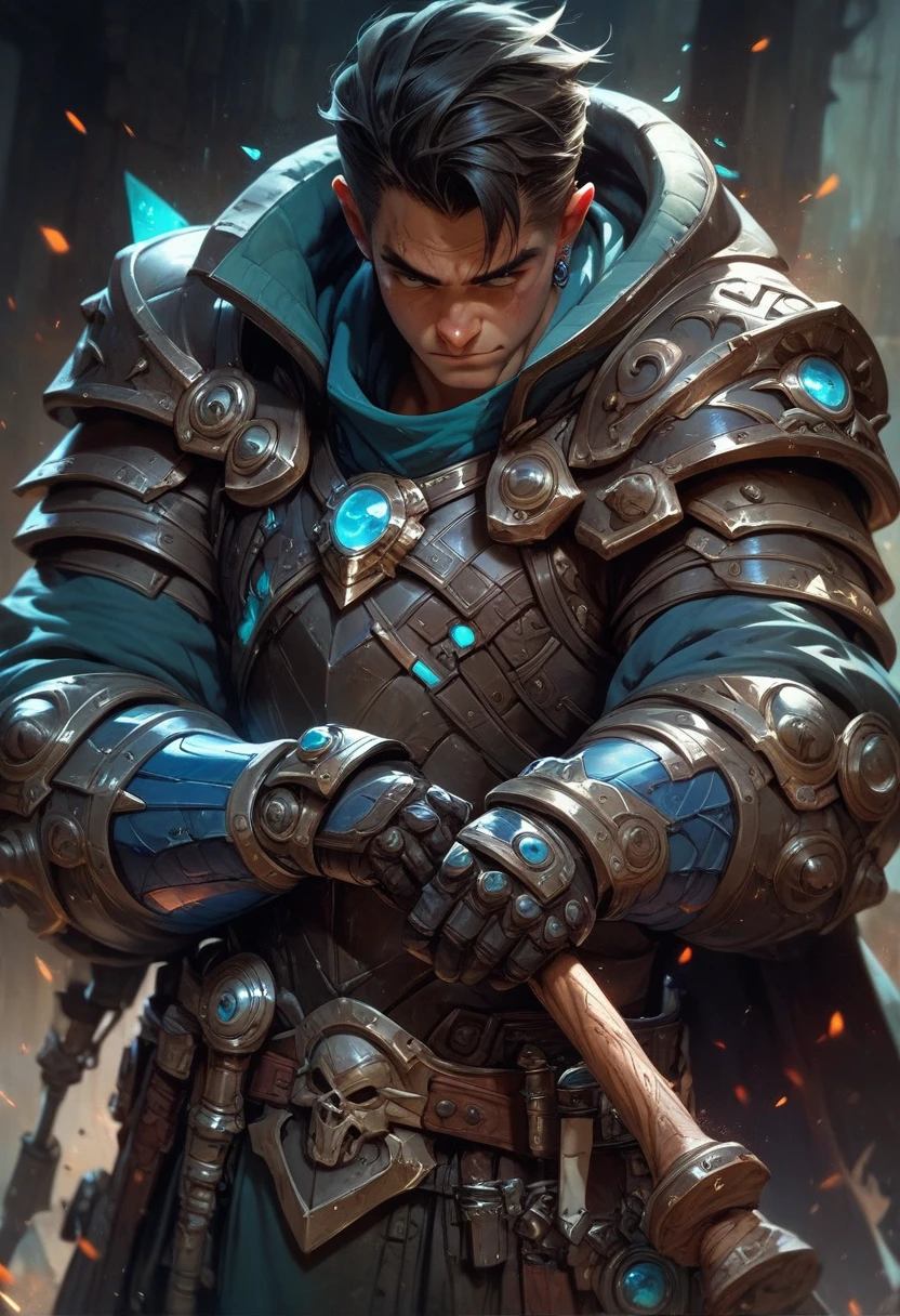 make a character of D&D young black man with short dreads hair in paladin class with not very heavy black armor with coats of arms holding a two-handed hammer.