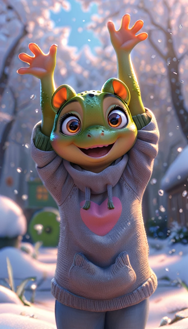 cute frog, cartoon , arms, hands ,cute eyes, looking at viewer, arms up, cold clothes, piggy ears, flawless, detailed, 4k