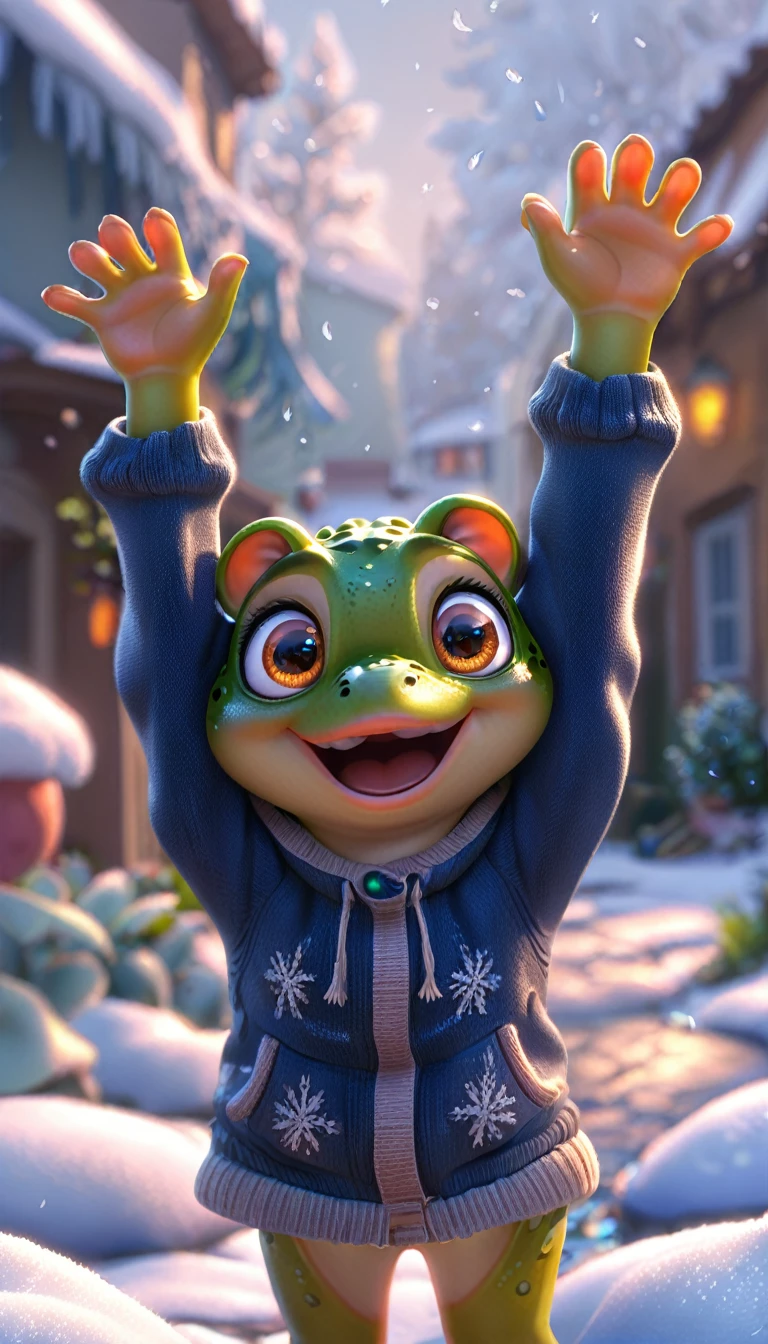 cute frog, cartoon , arms, hands ,cute eyes, looking at viewer, arms up, cold clothes, piggy ears, flawless, detailed, 4k