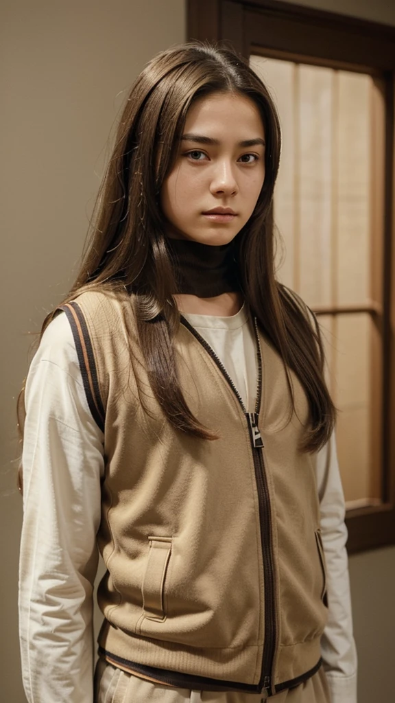 , Boy, long hair, brown hair, parted in the middle, ninja band on his forehead, beige high-neck vest-type outfit Appearance of Neji Hyuga from Naruto https://images.app.goo.gl/SPRrSc4MFtyZyeDt5