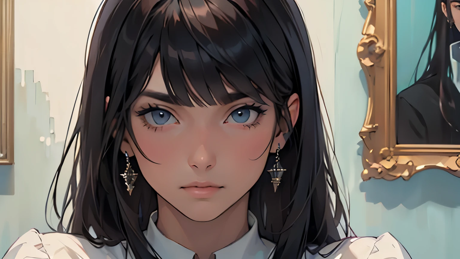 ((realisitic: 1.5)),((best qualityer)), ((work of art)),((detailded)) man with straight hair and bangs, staring evilly at woman