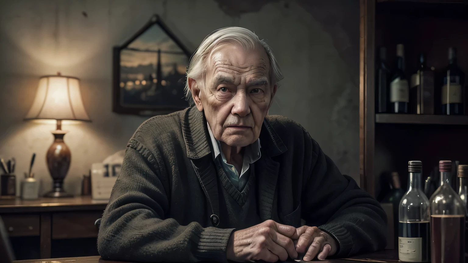 An elderly man, wrinkled face, calloused hands, seated at a desk, with glass and bottle of wine, deck of cards, in an old house, dark and smoky environment. best qualityer, ultra high resolution, cinematographic (photo realist:1.2), (face detailed:1.2), (detailedeyes:1.2), (detailed hair:1.2), (detailed clothing:1.2), 4K,