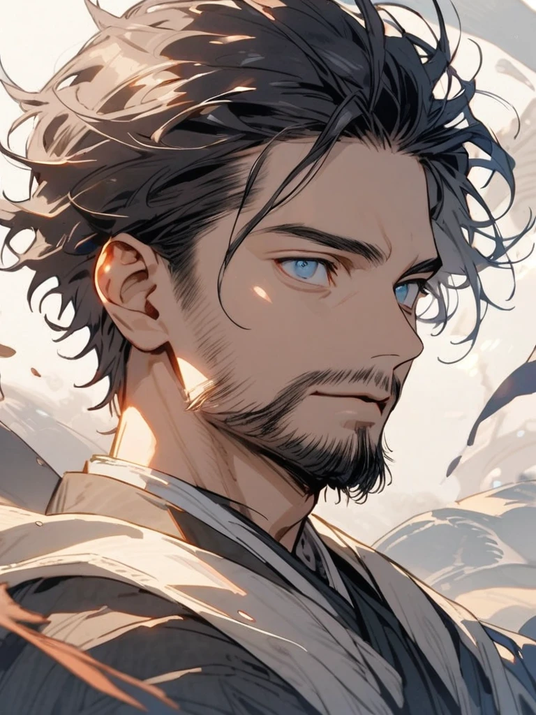 A man with a small beard and dark hair with blue eyes