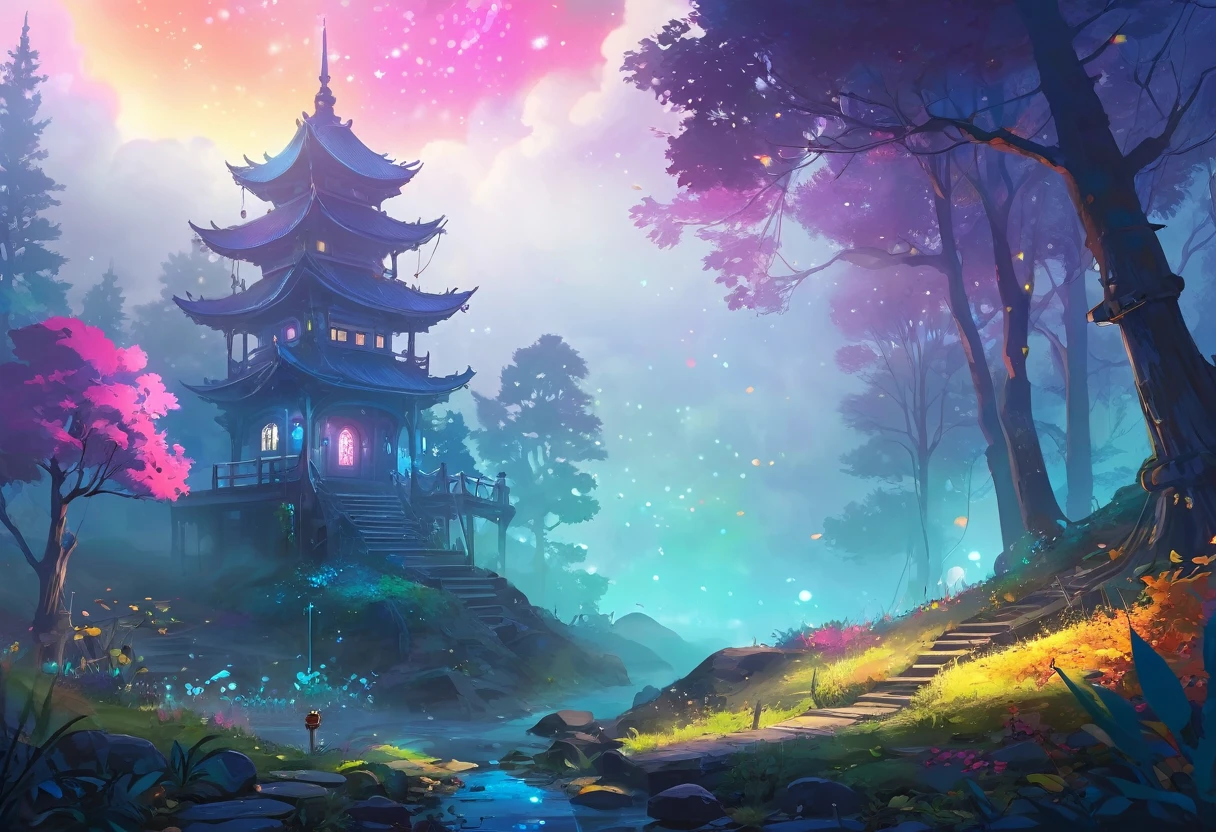 digital painting, location, location из игры, большая location, glowing effects in the background, fog in the foreground with glow effects, colorful, No characters, no characters, только location, cute style, anime style, огромная игровая location, magical forest, magical forest, with lots of details and bright colors, In the center of the location you can highlight the key element, arousing interest and desire to explore this place.