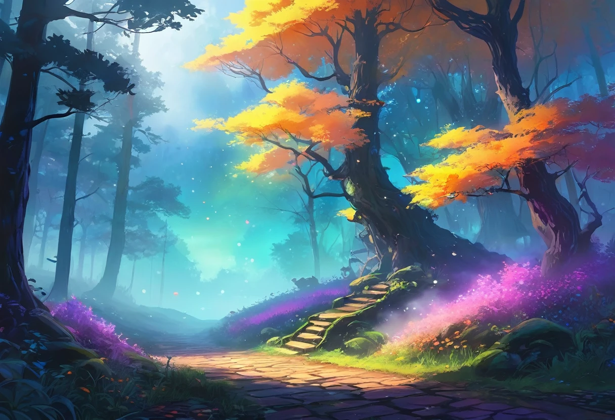 digital painting, location, location из игры, большая location, glowing effects in the background, fog in the foreground with glow effects, colorful, No characters, no characters, только location, cute style, anime style, огромная игровая location, magical forest, magical forest, with lots of details and bright colors, In the center of the location you can highlight the key element, arousing interest and desire to explore this place.