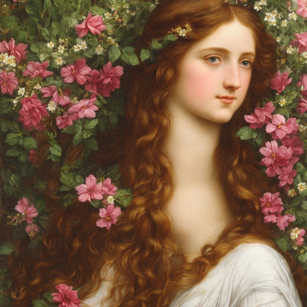 Pre-Raphaelite close-up portrait of a young maiden with long hair surrounded by flowers, high-quality, high definition