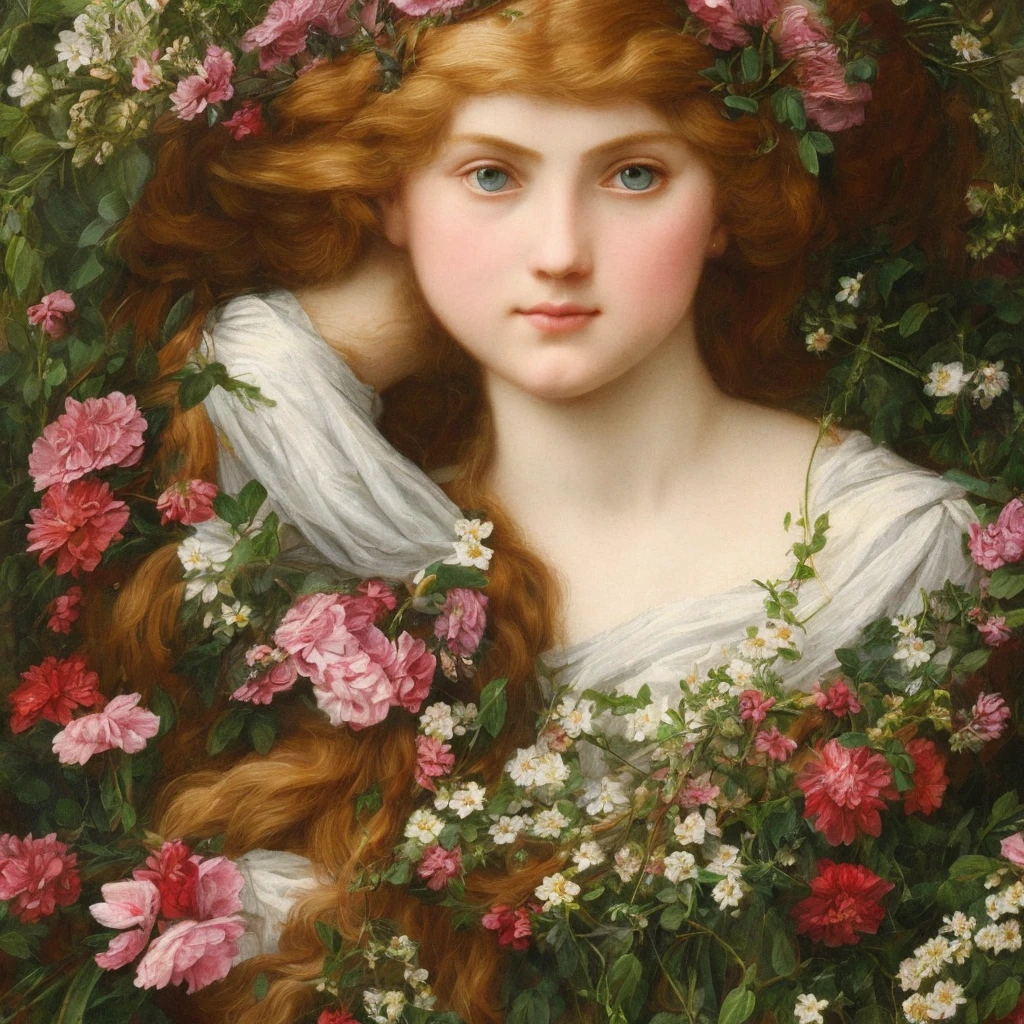 Pre-Raphaelite close-up portrait of a young maiden with long hair surrounded by flowers, high-quality, high definition