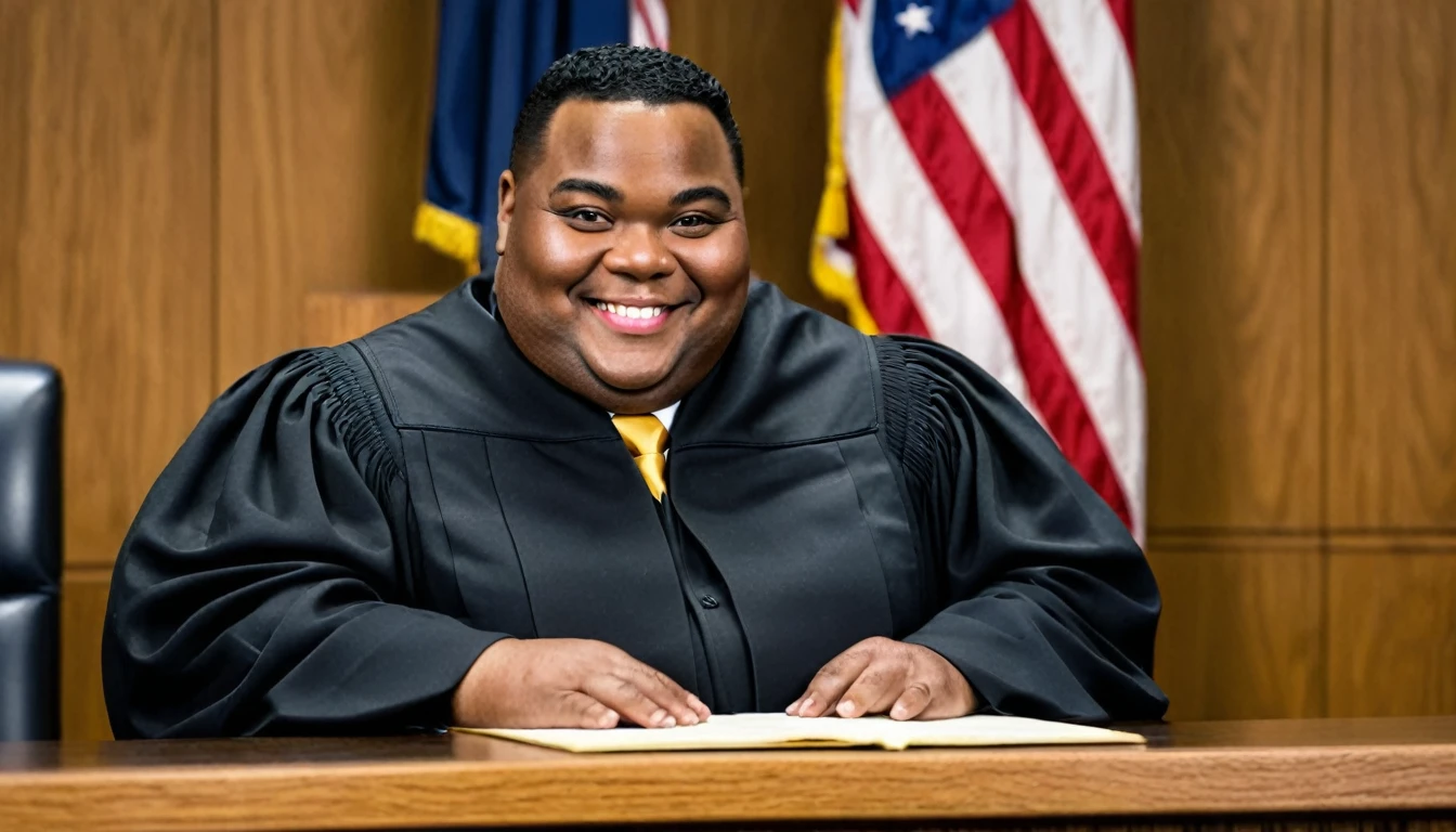 overweight smiling black judge sitting in court behind bench, short pompadour hair, american flag on left side in background, navy blue flag with gold trim on right side in background