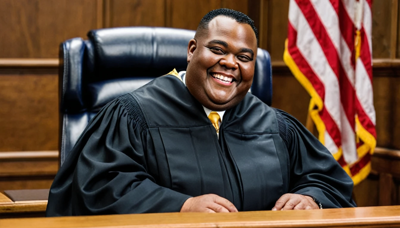 overweight smiling black judge sitting in court behind bench, short pompadour hair, american flag on left side in background, navy blue flag with gold trim on right side in background