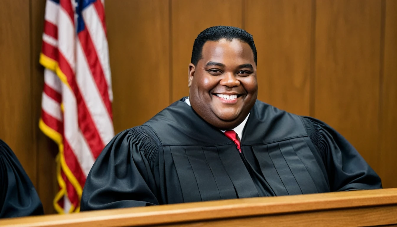 overweight smiling black judge sitting in court behind bench, short pompadour hair, american flag on left side in background, navy blue flag with gold trim on right side in background