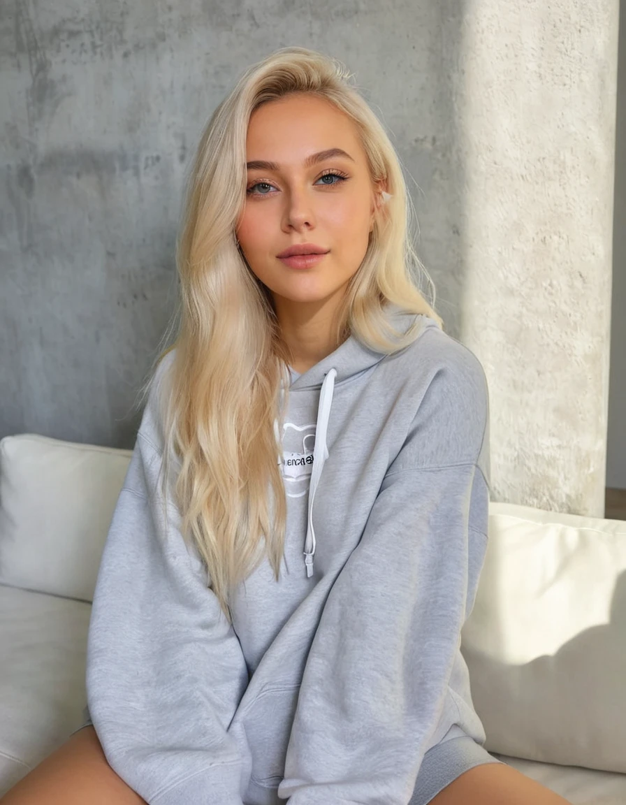 A close-up of a woman sitting on a sofa wearing a gray sweatshirt, inspired by Károly Lotz, inspired by Louisa Matthíasdóttir, with long blonde hair, Instagram Template, Sidney Sweeney, profile picture, Perfect white hair girl, beautiful blonde girl, profile picture, Aleksandra Waliszewska, girl with hoodie