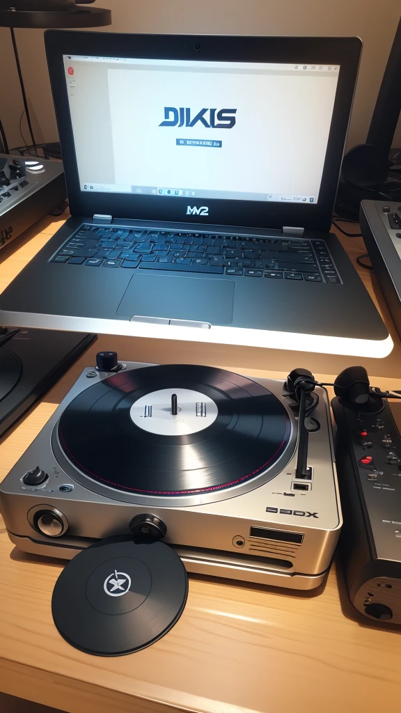 a turntable with dj mixer, laptop,