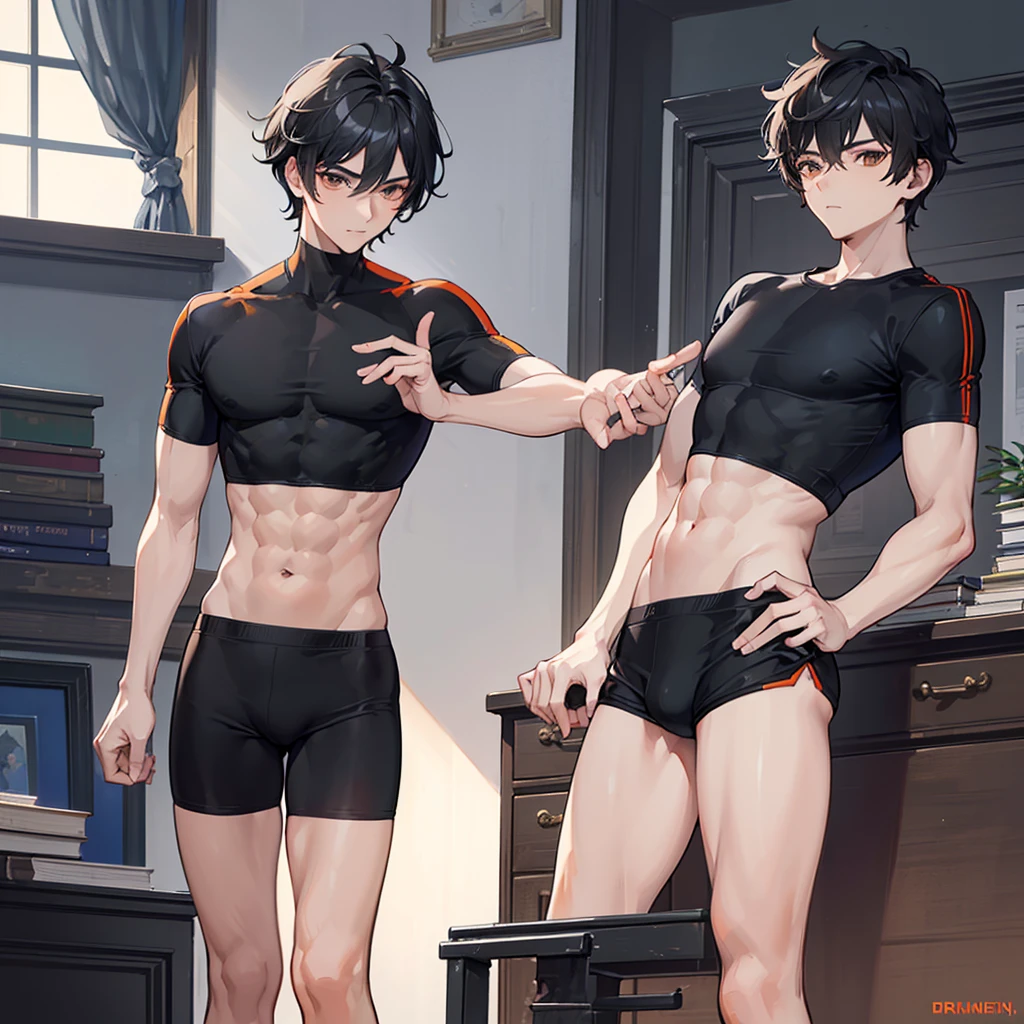 High quality, Masterpiece, College boy, Boy, Male, Short hair, handsome man, very disciplined and studious, He has a slim toned body and a thick rear, wears a black short short, making his voluminous large ass stand out, Male character, Orange crop top, Short Black messy boy hair, High quality, rear pointed at camera, bedroom,