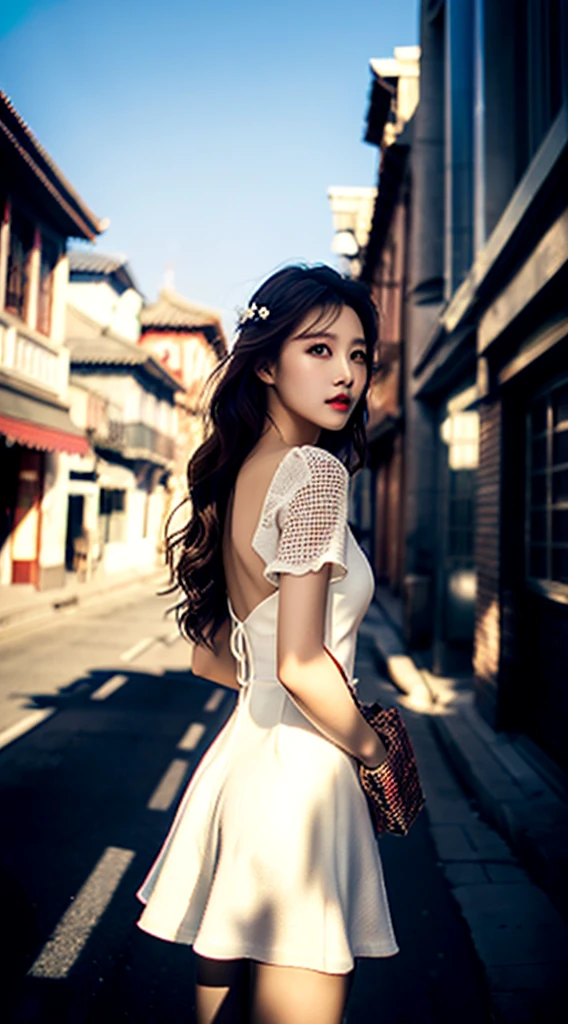 Street view,Vision,Sunshine,shopping,One girl,China dress,White Dress,(Highest quality, DetailsDetails, masterpiece, Official Art, Cinematic lighting effects, 4K)