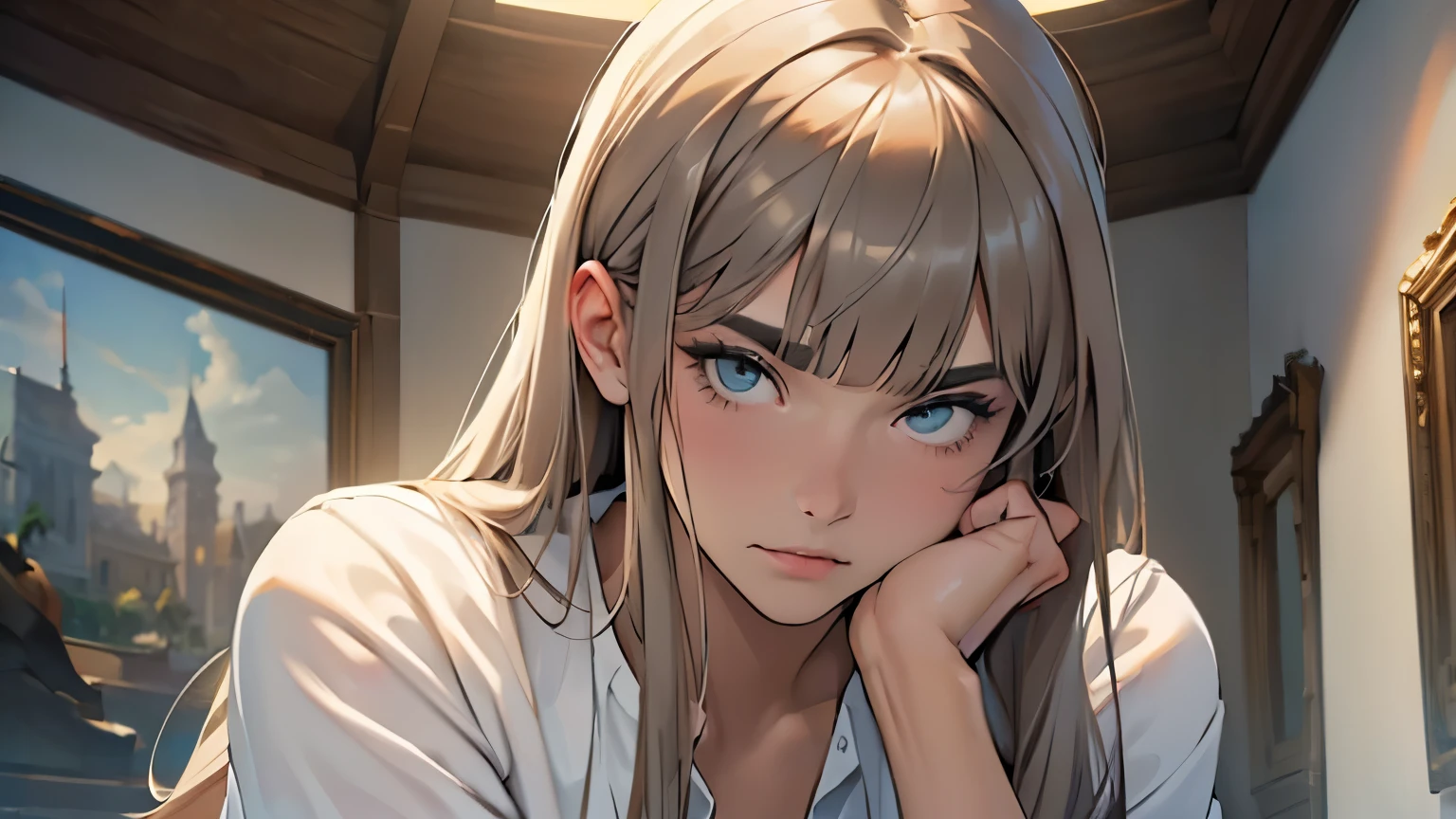 ((realisitic: 1.5)),((best qualityer)), ((work of art)),((detailded)) man with straight hair and bangs, staring evilly at woman