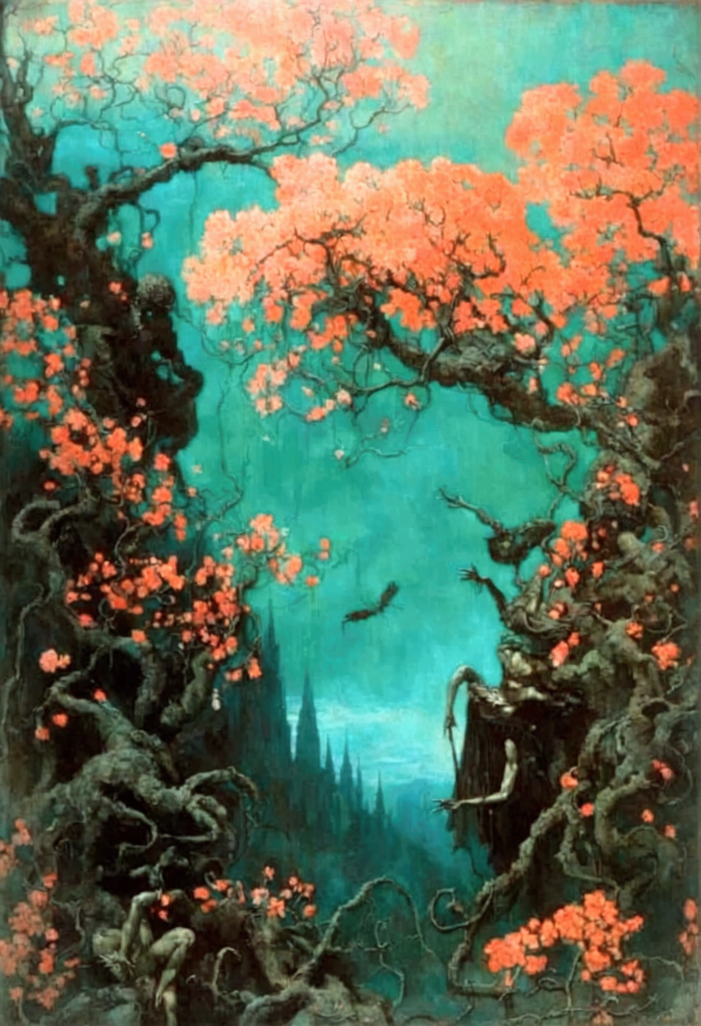 Mythical creatures, author：Zdzislaw Beksiński and Alphonse Mucha, Cherry tree, Surrealism,Satan, Coral, Wizard, Dark Forest、nightmare