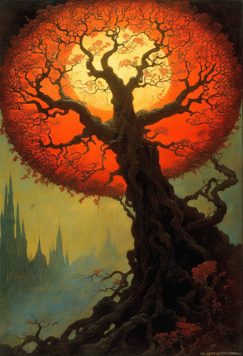 Mythical creatures, author：Zdzislaw Beksiński and Alphonse Mucha, Cherry tree, Surrealism,Satan, Coral, Wizard, Dark Forest、nightmare