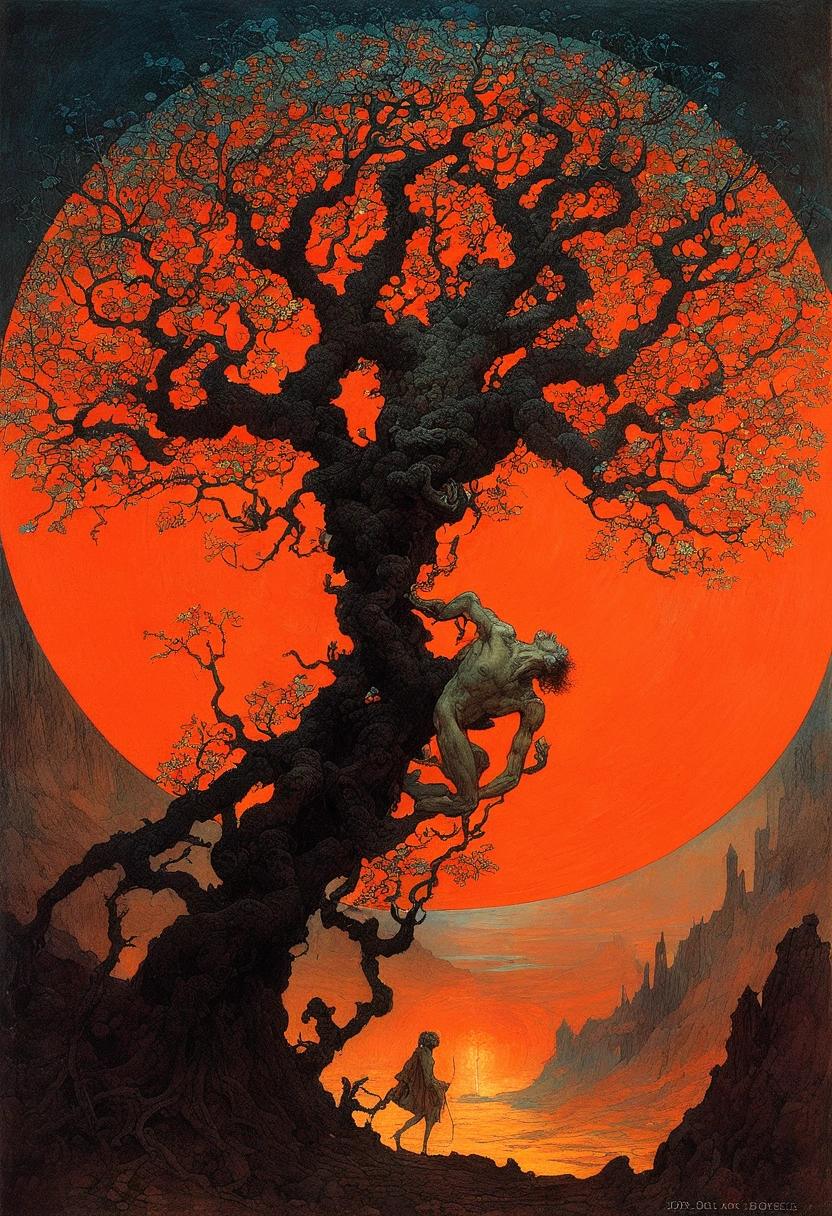 Mythical creatures, author：Zdzislaw Beksiński and Alphonse Mucha, Cherry tree, Surrealism,Satan, Coral, Wizard, Dark Forest、nightmare