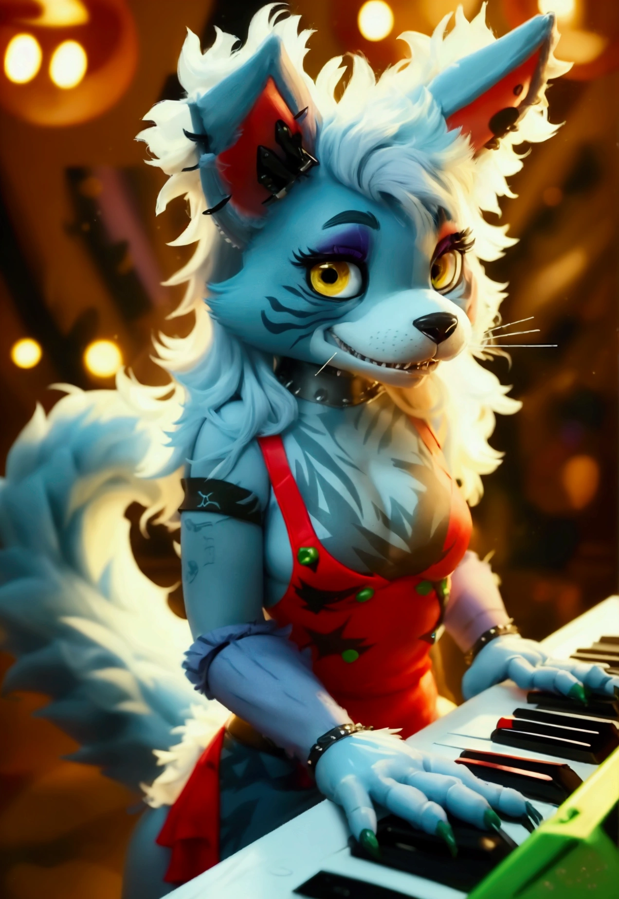 A stylized, illusionistic portrait of the fluffy, imaginary creature Roxy from the Five Nights at Freddy's game franchise. The subject is a blue-grey, heavily furred being with long white hair, playing on a green keyboard. Roxy wears a red sleeveless top, black pants, and purple striped knee pads. She has sharp claws on her feet. Roxy's expression is serious, and her eyes are a bright yellow. The overall mood is playful and energetic, with a fantastical and fun atmosphere.
