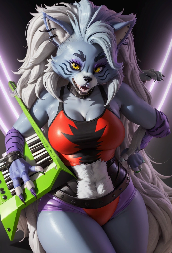 A stylized, illusionistic portrait of the fluffy, imaginary creature Roxy from the Five Nights at Freddy's game franchise. The subject is a blue-grey, heavily furred being with long white hair, playing on a green keyboard. Roxy wears a red sleeveless top, black pants, and purple striped knee pads. She has sharp claws on her feet. Roxy's expression is serious, and her eyes are a bright yellow. The overall mood is playful and energetic, with a fantastical and fun atmosphere.