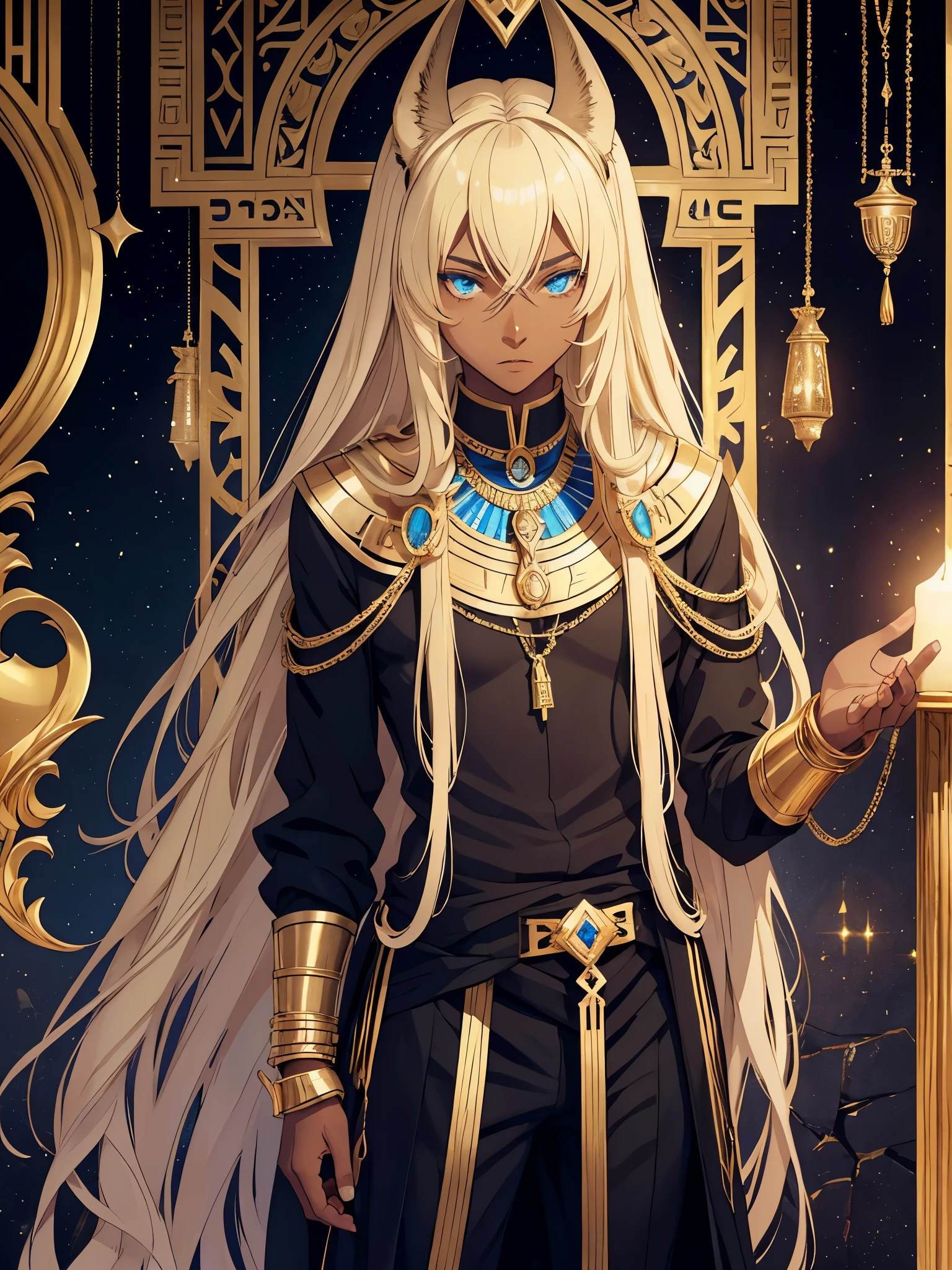 Teenage boy. Egyptiane Gottheit Anubis. Egyptiane Kleidung. long blond hair. Lots of gold jewelry. dark skin. Egyptian. dazzling blue eyes. mystical. divine.