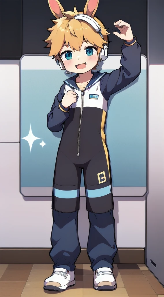 2D Boy Shota，One-piece mountaineering suit，Slim, Put the headphones on your head，stand up，goggles，Rabbit ears，happy，Sailor collar，tie，Zipper pulled down，sports shoes