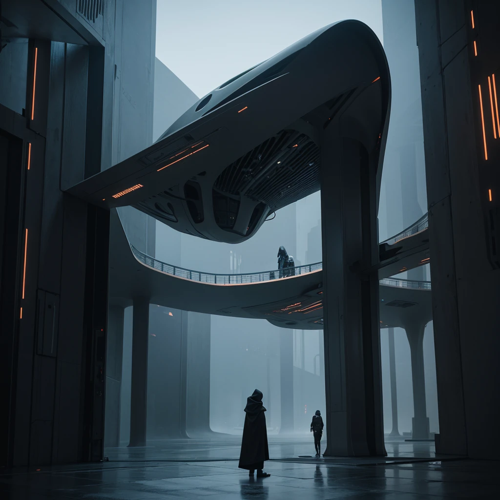 (The best quality)Hooded person looking at the futuristic architecture of an advanced civilization on another planet with dark color palette