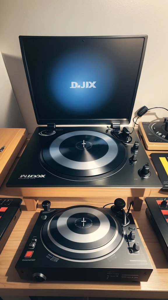 a turntable with dj mixer, laptop,