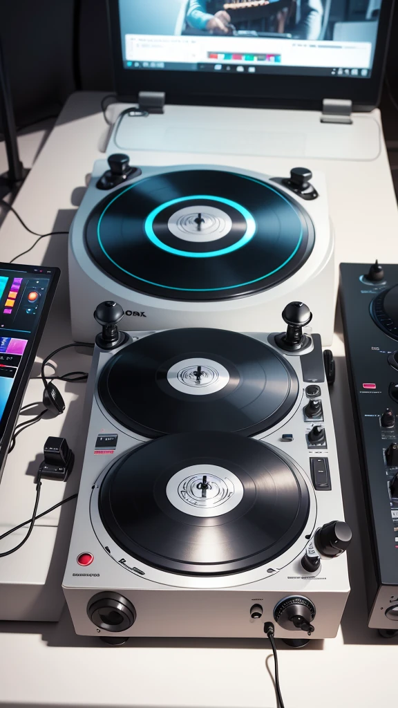 a turntable with dj mixer, laptop,