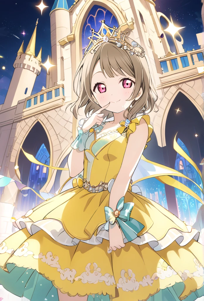 ((style:Colored pencil))Kasumi Nakasu, lovelive, Yellow-brown hair, Bobcut, short hair, ワンレングスBobcut, Asymmetrical Hair, Long left bangs, Red Eye, Yellow Dress, Party Dresses, adult, flare lens, Single, alone, whole body, smile, Finger in mouth, secret, Princess, crown shaped tiara, The background is inside the castle, Wonderland,