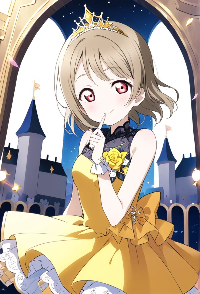 ((style:Colored pencil))Kasumi Nakasu, lovelive, Yellow-brown hair, Bobcut, short hair, ワンレングスBobcut, Asymmetrical Hair, Long left bangs, Red Eye, Yellow Dress, Party Dresses, adult, flare lens, Single, alone, whole body, smile, Finger in mouth, secret, Princess, crown shaped tiara, The background is inside the castle, Wonderland,