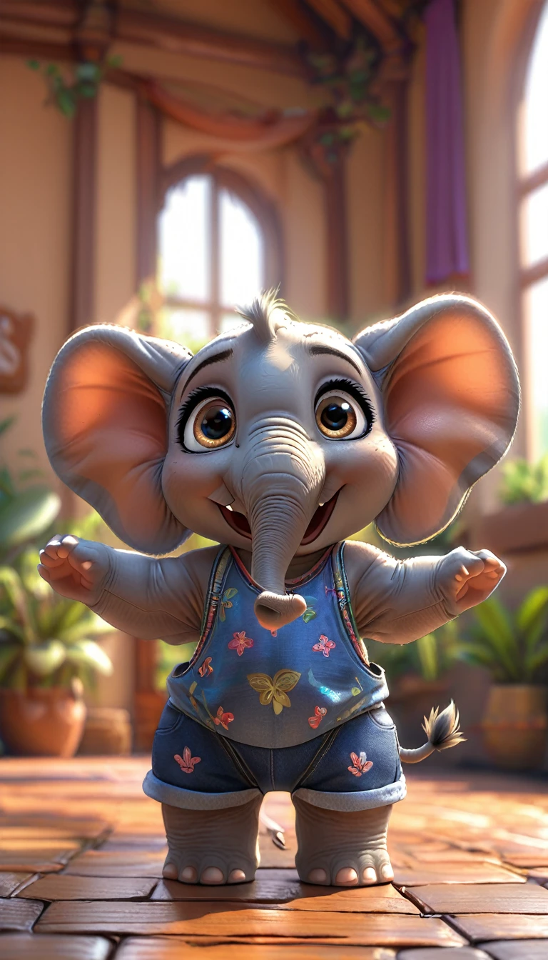 cute baby elephant, cartoon , arms, hands ,cute eyes, looking at viewer, arms up, clothes, flawless, detailed, 4k