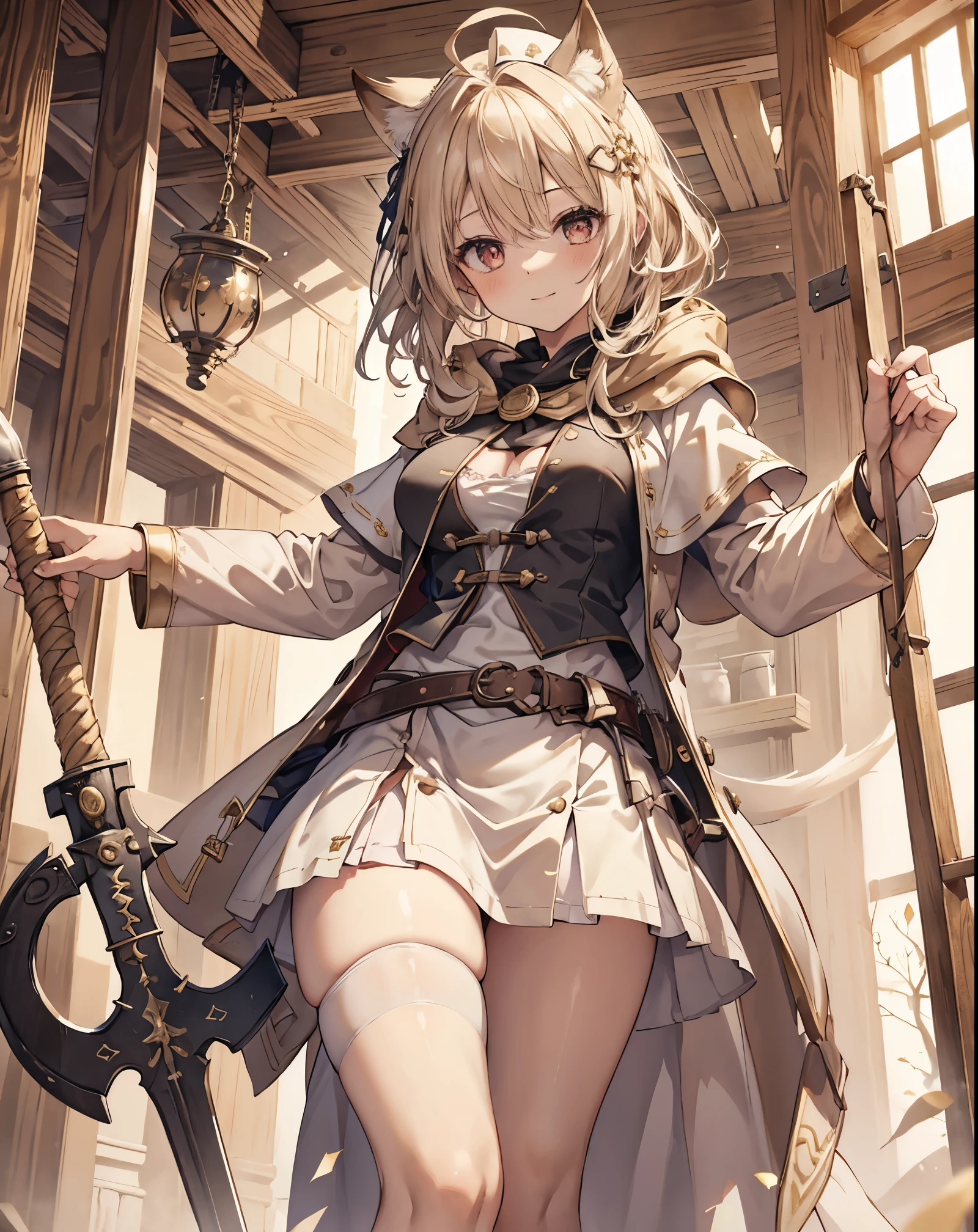 masterpiece, 1girl, sparrow, a blonde haired girl, wearing a white medieval priestess clothes, curly medium hair, messy hair, slim body, wearing golden capelet with hoody, he close her left eye, shirt ornament, seductive smile, red eyes, ahoge, black vest, baby face, big breast, beautiful breasts, rounded breasts, braid hair, white nurse cap, long sleeves, seductive eyes, white stocking, droopy eyes, miniskirt, brown skirt, plaid skirt, ass, beautiful ass, rounded ass, she standing while holding tbale, ((small neko ears)) , white white and gold fox tail 