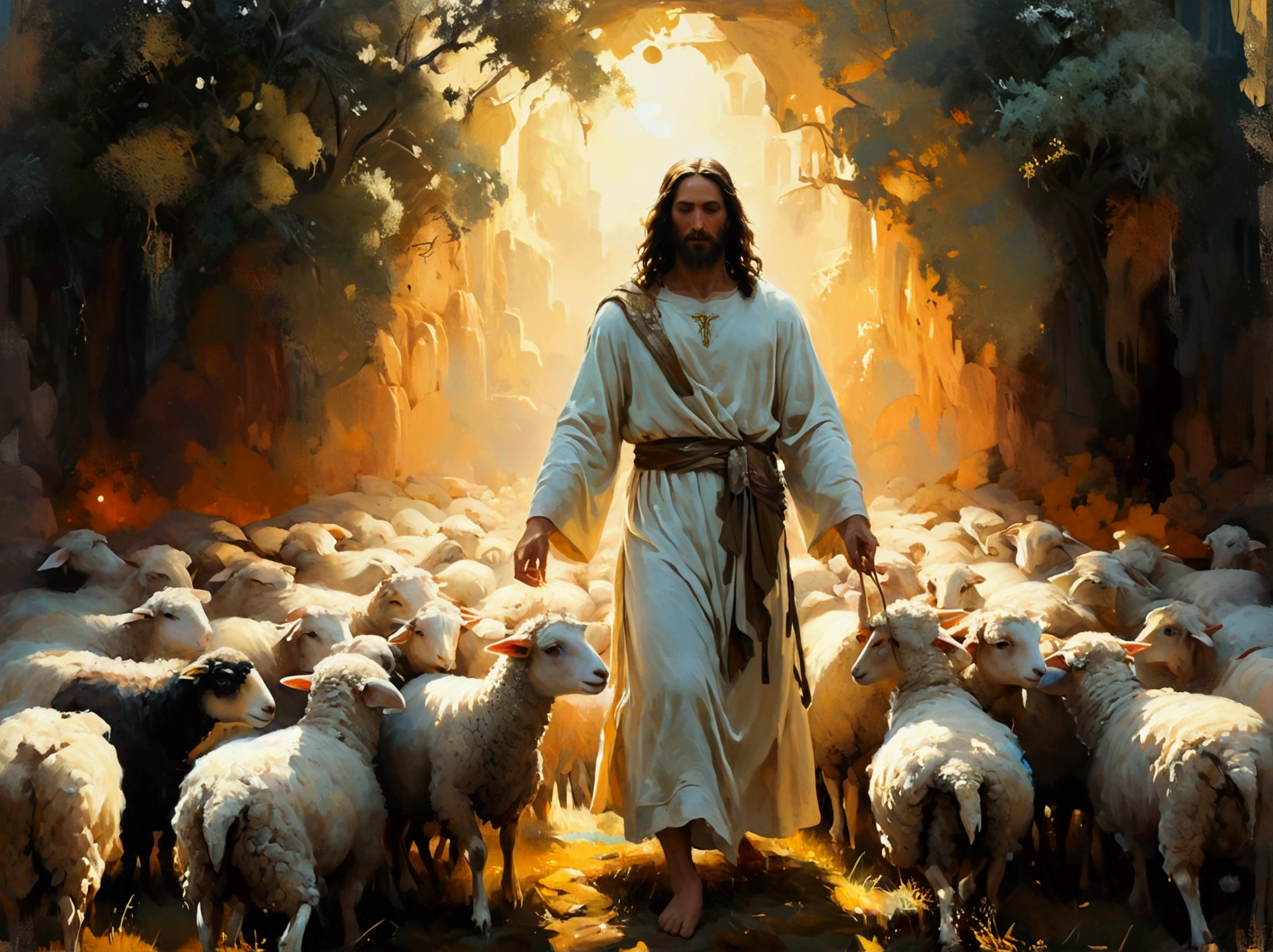 full length photo of Jesus Christ tending his sheep, majestic welcoming, predominant white color, professional oil painting by Ed Blinkey Atey Ghailan by Jeremy Mann Greg Manchess rays of light Antonio Moro trends trends at ArtStation trends at CGSociety Intricate High detail Focus sharp painting, dramatic, arte fotorrealista de Midjourney e Greg Rutkowsk